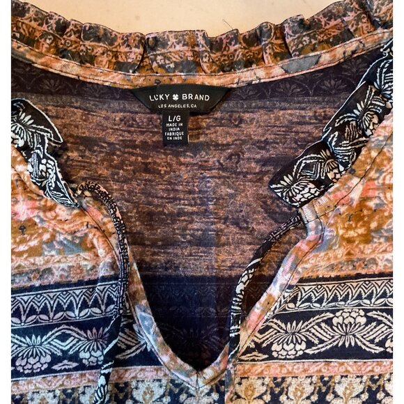 Lucky Brand Boho Patchwork Print Peasant Blouse Top L Multicolor Cotton Blend - Picture 3 of 7